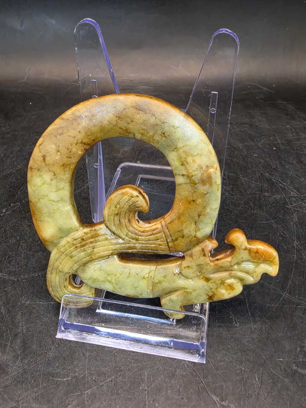 Carved Green and Brown Jade Dragon Ring Large Pendant